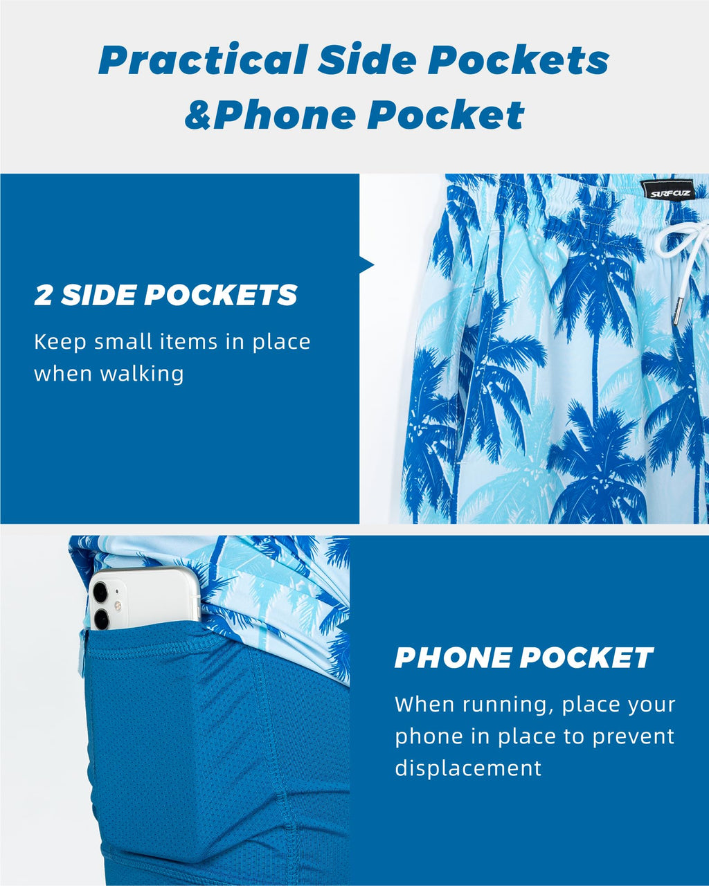 SURF CUZ Mens Swim Trunks with Compression Liner Quick Dry Swim Shorts 7" Swimming Trunks Stretch Zipper Pockets Blue Palm Tree Small