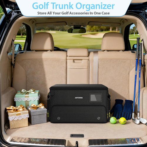 Jaffzora 4-Layer Golf Trunk Organizer, Golfer Gifts for Men Women with Separate Ventilated Compartment for 2 Pairs Shoes, Waterproof Car Golf Locker Storage Bag for Golf Gear and Accessories,Black