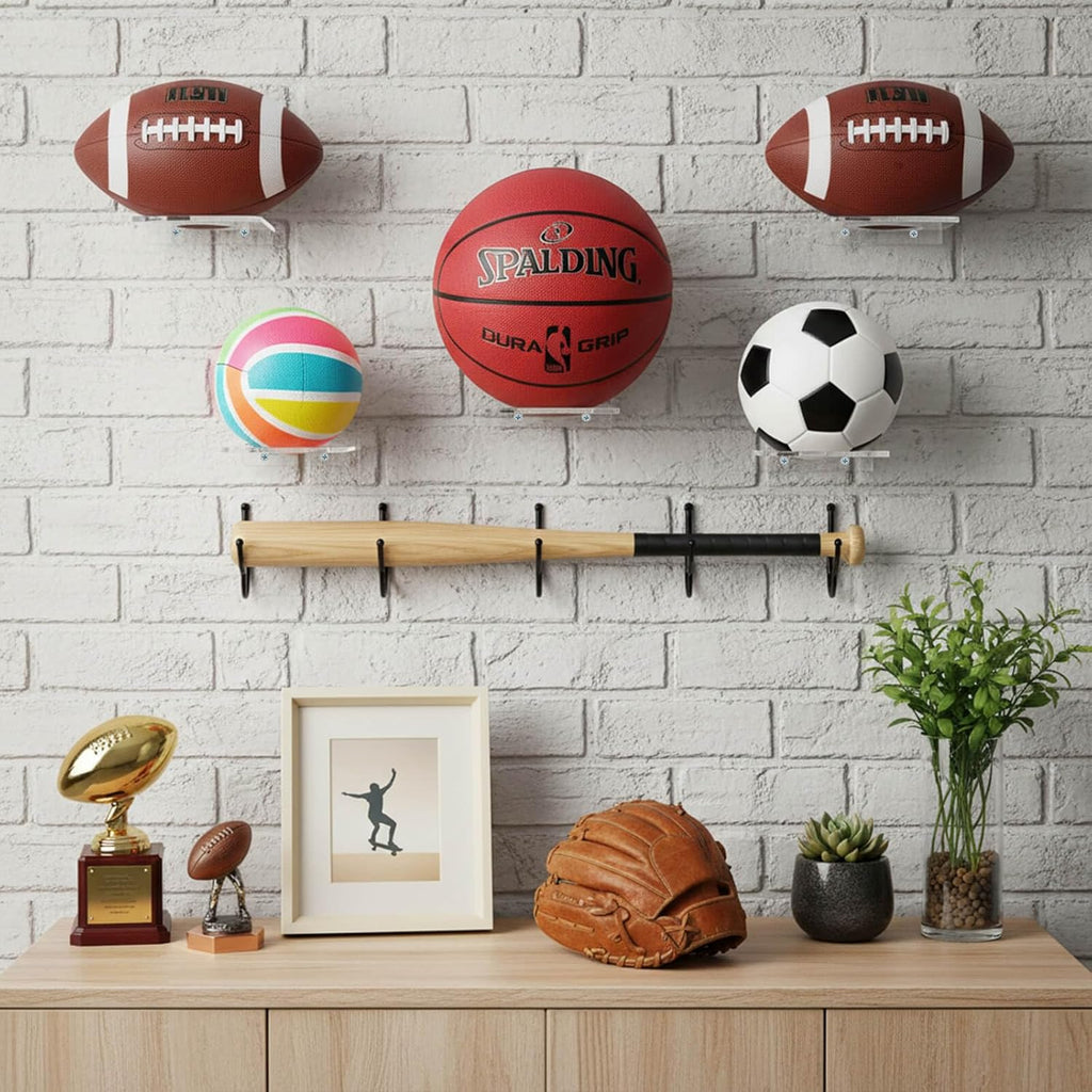 Youeon 8 Pcs Clear Acrylic Basketball Holder - Wall Mount Display Rack for Sports Balls | 3.5 Inch Round Hole