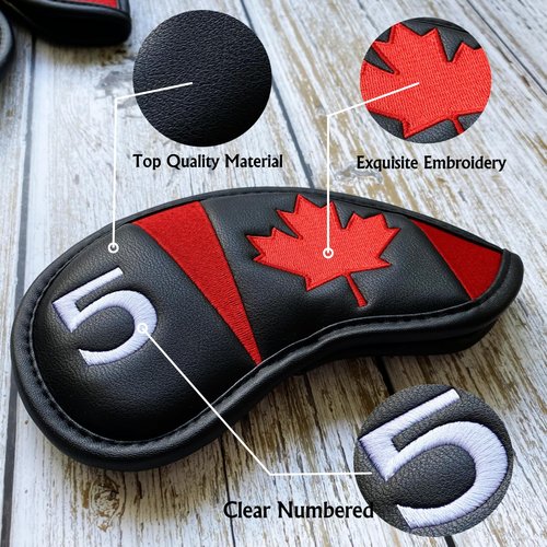 NEwoilkwo Canadian Flag Golf Wedge Covers Headcovers Set 52 56 60, Black Synthetic Leather Golf Iron Covers for Golf Clubs | 3Pack 52 56 60 Wedge Headcovers