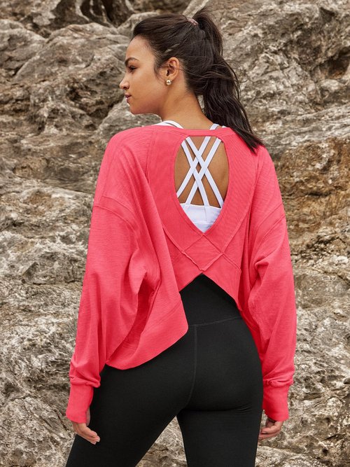 Panadila Womens Open Back Workout Top Long Sleeve Athletic Shirts Casual Crop Running Tee Y2k Yoga Trendy(Watermelon Red,S)