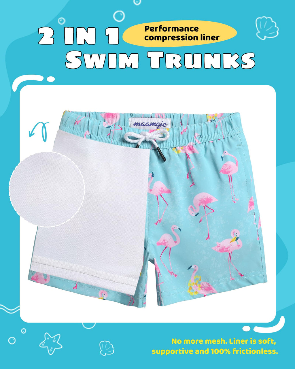 maamgic Boys Swim Trunks with Compression Liner Toddler Stretch Swim Shorts Quick Dry Swimming Trunks Boxer Brief 2 in 1 Beach Shorts Aloha Flamingos 14/16