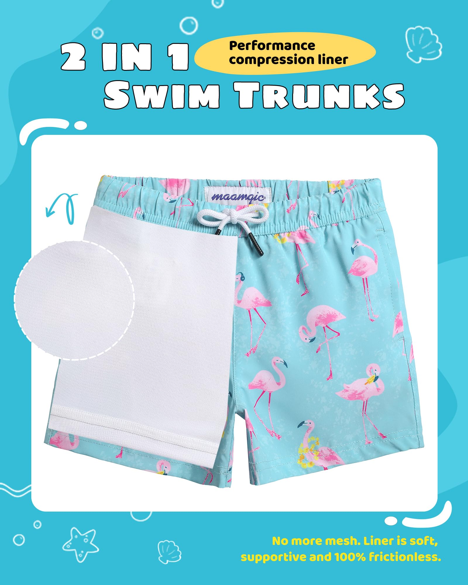 maamgic Boys Swim Trunks with Compression Liner Toddler Stretch Swim Shorts Quick Dry Swimming Trunks Boxer Brief 2 in 1 Beach Shorts Aloha Flamingos 14/16