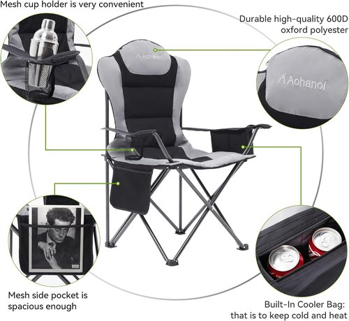 Aohanoi Camp Chairs for Heavy People - Outdoor Folding Chairs with Cup Holder & Cooler Bag | Supports Up to 300lbs (2 Pack, Black)