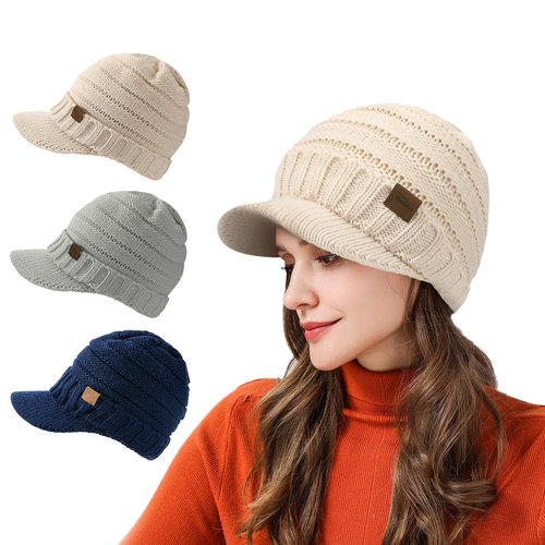 Winter Hats for Women - Warm Cute Knit Winter Hat, Casual Stylish Knitted Beanie Hat for Women, Soft Stretch Womens Winter Hats with Visor, Gray