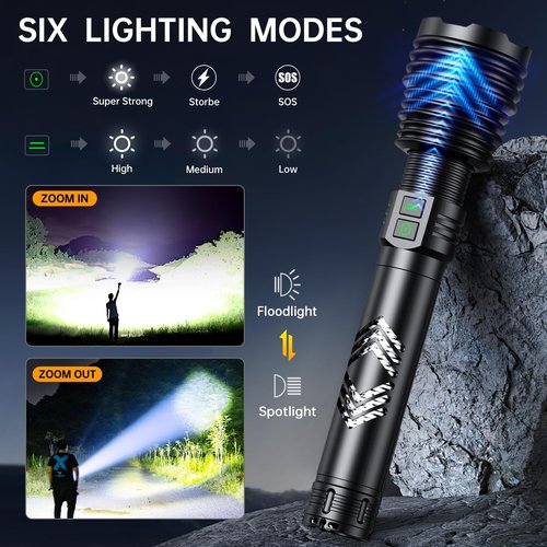 Rechargeable Flashlights 6000.000 High Lumens, Super Bright LED Flashlight with Long Handle, Large Capacity Battery, Zoomable & 6 Modes, Waterproof Handheld Flashlight for Camping Emergencies Home