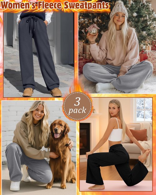 Velvelhall 3 Pack Women's Wide Leg Fleece Lined Sweatpants Thermal Lounge Warm Pants Drawstring Elastic Waisted with Pockets(Black, Blue Gray, Light Gray,X-Large)