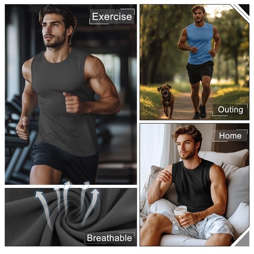 Ficerd 3 Pack Men's Sleeveless Tank Tops, Crewneck Casual Summer Tee Beach T Shirt Workout Run Gym Muscle Shirt(Black, Dark Gray, Denim Blue,X-Large)