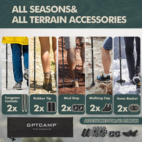 GPTCAMP Walking Sticks,Trekking Poles Collapsible Hiking Poles,Lightweight Folding Travel Walking Pole for Men Women,2pc Adjustable Hiking Stick with EVA Foam Grips for Backpacking,Black