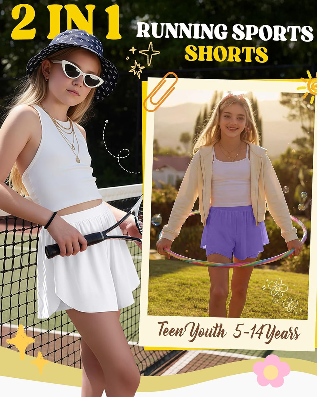 Skiennix Girls' Athletic Shorts - 2 in 1 Flowy Butterfly Skirts | Quick Dry High Waist with Pockets, 4 Pack