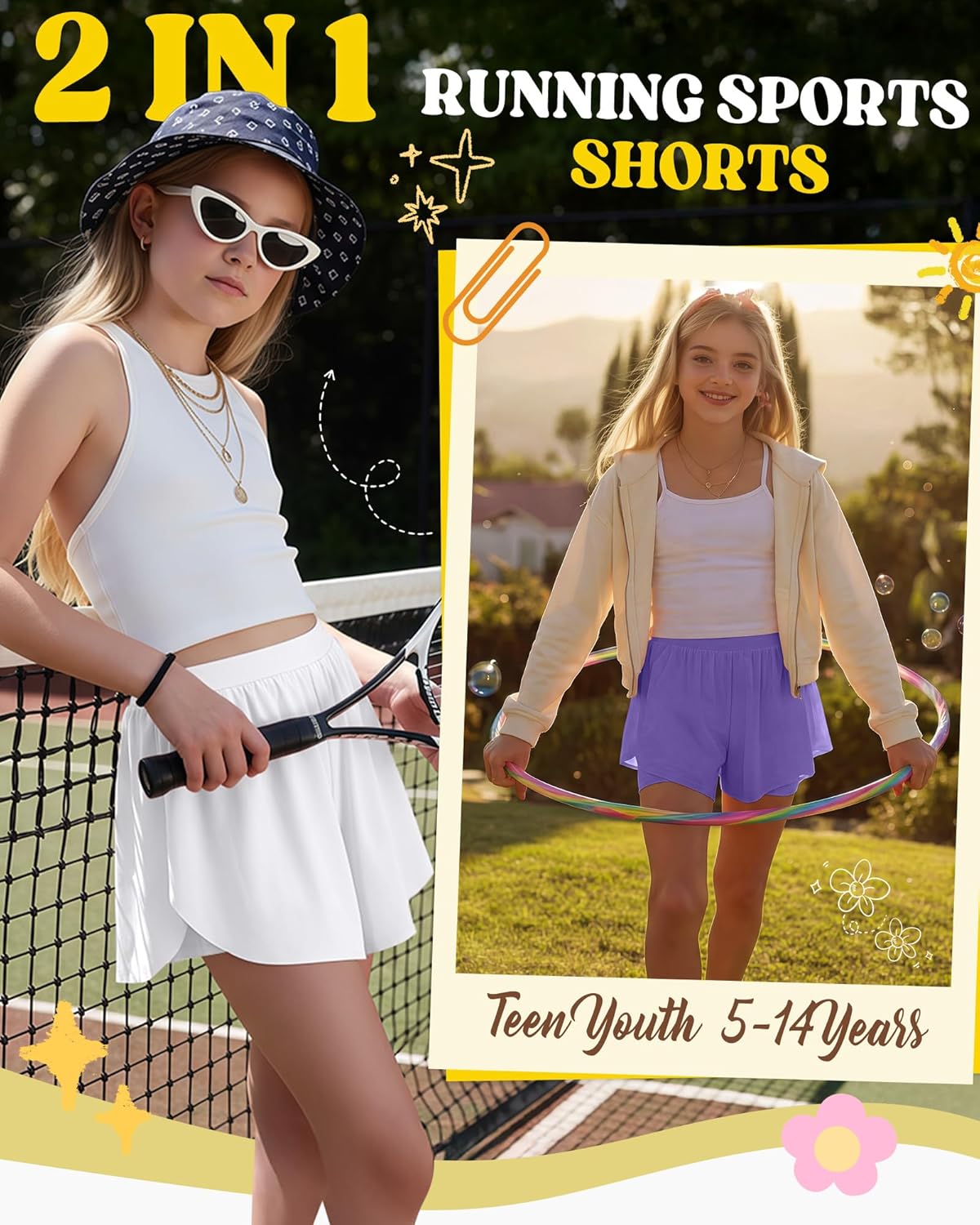 Skiennix Girls' Athletic Shorts - 2 in 1 Flowy Butterfly Skirts | Quick Dry High Waist with Pockets, 4 Pack