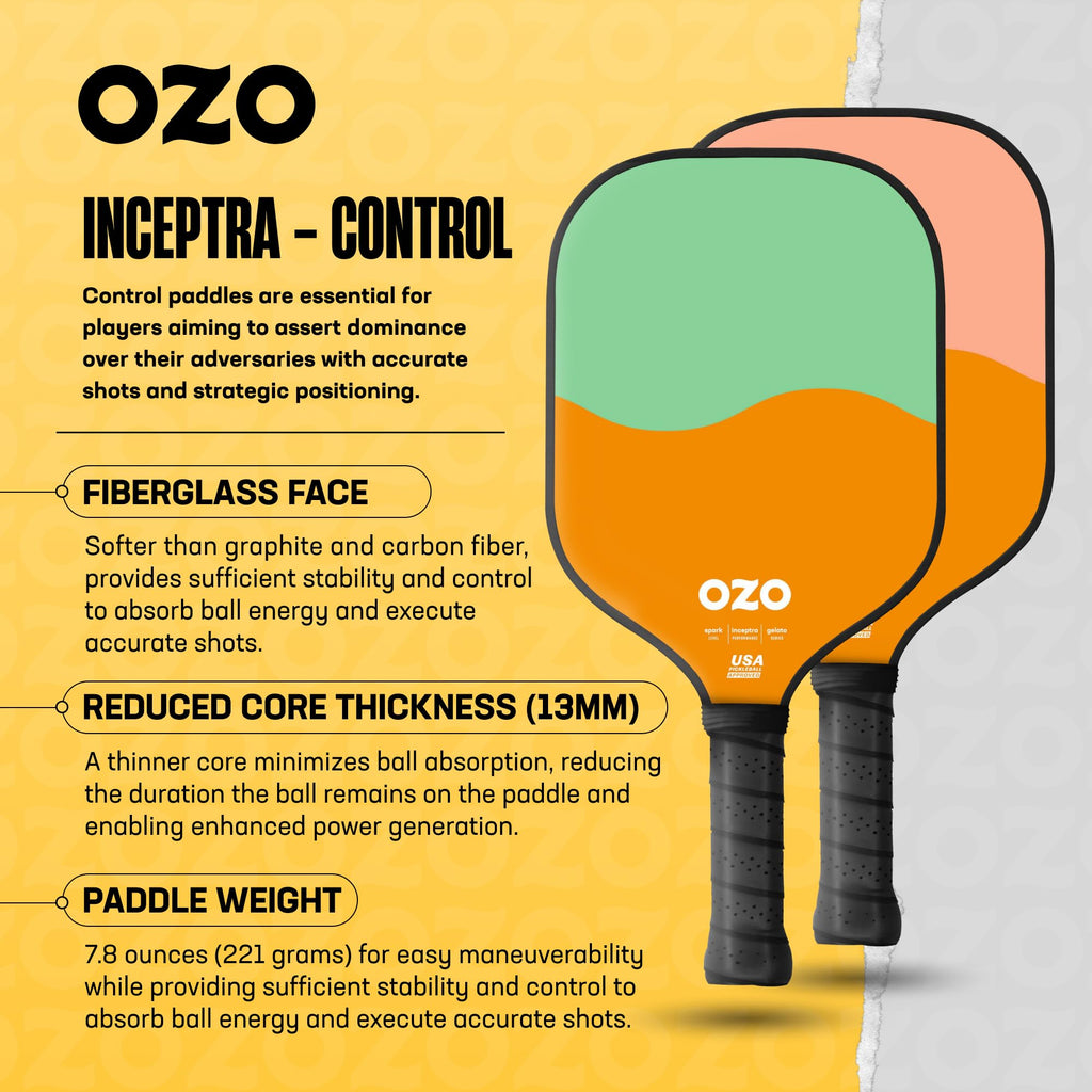 OZO Pickleball - Set of 2 Paddles + 4 Balls - Spark Inceptra Gelato (Beginner Control) +Indoor & Outdoor Balls + Carrying Bag
