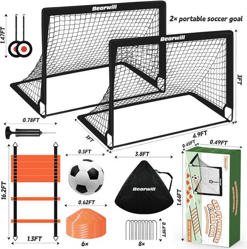 Bearwill Soccer Goal - Portable Kids Soccer Goals Set of 2 | 4x3ft Training Equipment with Ball, Ladder, Cones, Targets