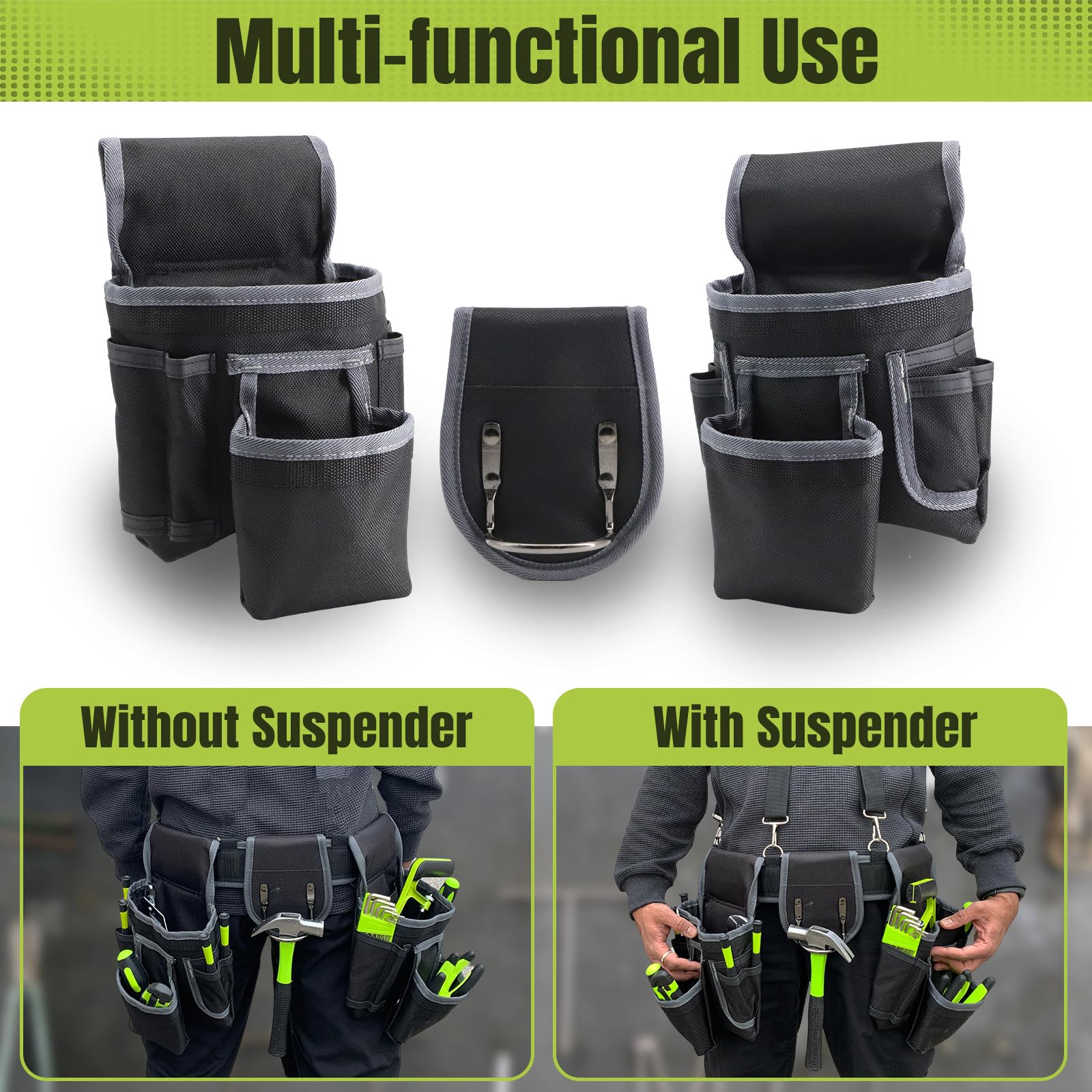 Tool Belt, Tool Belts for Men, 32 to 66 Inches Adjustable Waist, Electrician and Carpenter Tool Belt with Suspenders for Construction and Gardening, Black and Grey