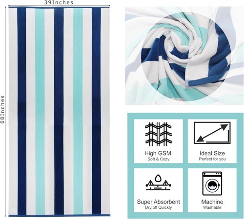 COTTON CRAFT Oversized XL Beach Towel - 100% Cotton Velour, 2 Pack, 39 x 68 Inches - Super Soft Luxury Cabana Stripe Blue