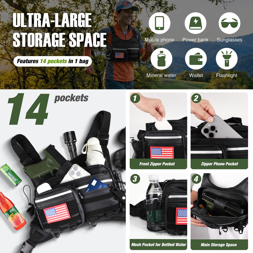 PLUSINNO Chest Bag For Men and Women, Chest Rig Tactical Vest for Sport, Running Phone Holder, EDC Travel Chest Pack for Hiking, Running, Motorcycling,Workouts