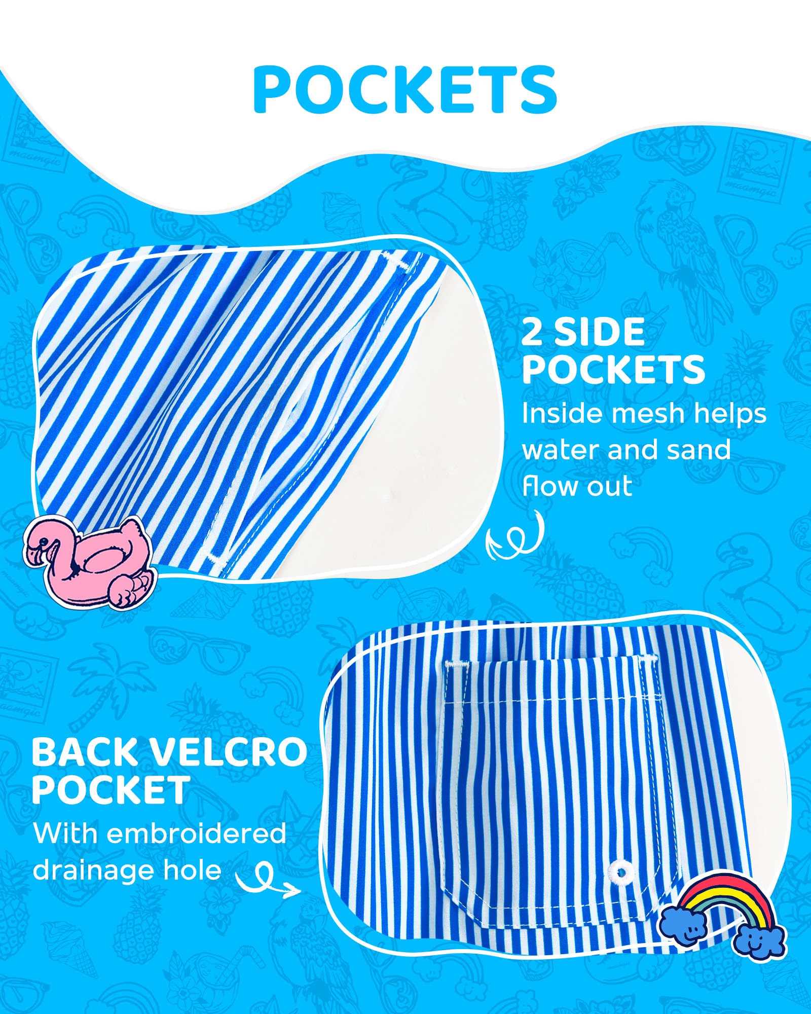 maamgic Boys Swim Trunks with Compression Liner 4-Way Stretch Quick Dry Bathing Suit Toddler Beach Shorts Blue White Stripes 5-6 Years