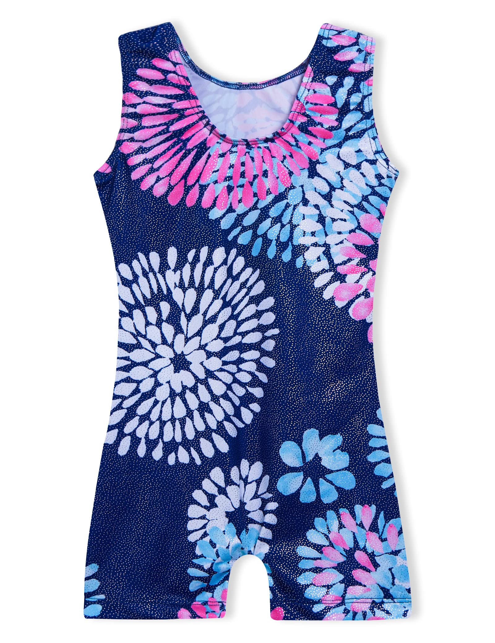Domusgo Girls Gymnastics Leotards Size 6-7 Years Old Sparkly Round Flowers Blue Sleeveless Outfits Practice Tank