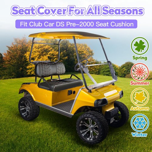 PZWLI 4PCS Golf Cart Seat Covers Kit, Front and Rear Seat Covers,Vinyl Seat Covers Accessories, No Staples（Black&Brown Stitch） (Fits Club Car DS 2000.5-Up)