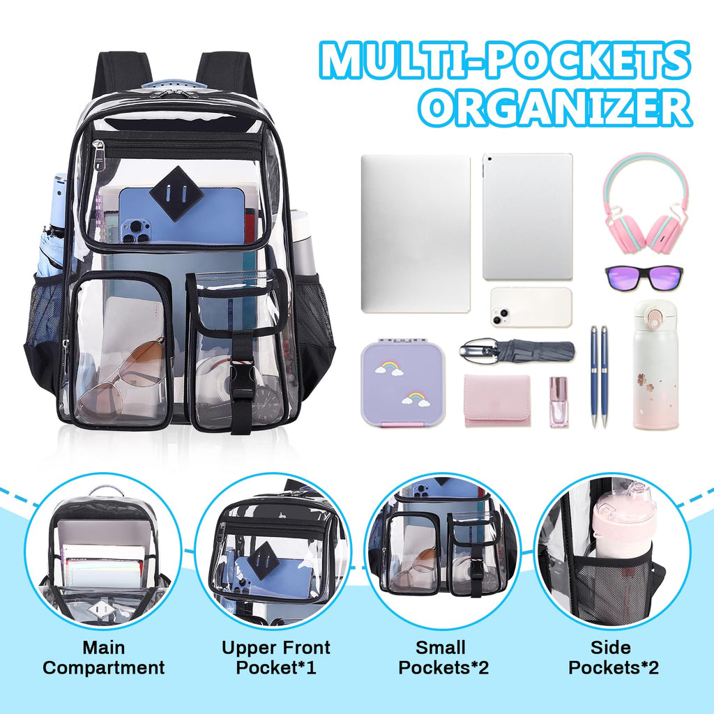 PIG PIG GIRL Clear Backpack for School,Heavy Duty PVC Clear Bookbag Transparent Backpack for Boys Girls Stadium Approved See Through Backpacks for Women Men for College, Black