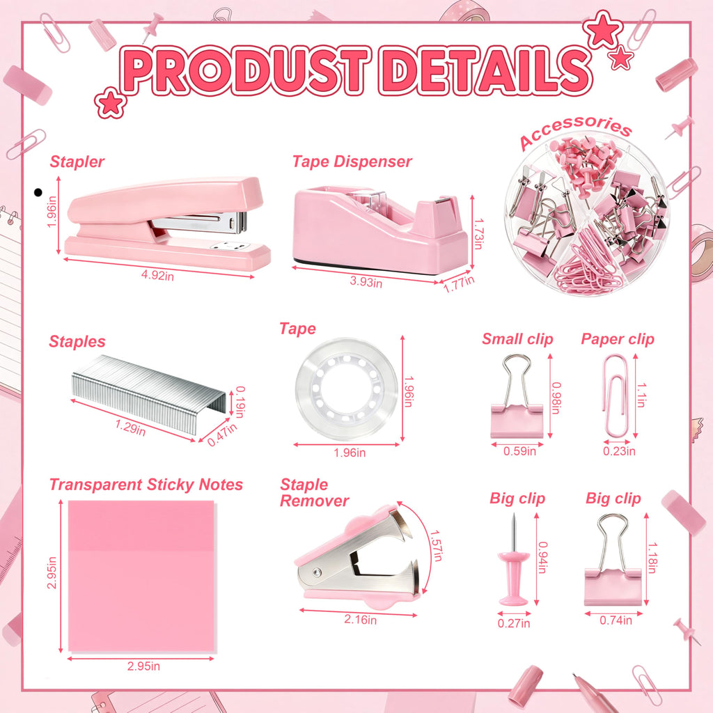 Eersida 20 Pcs Pink Desk Accessories and Organizer with 360° Rotating Pen Holder, Stapler, Staple Remover, Tape Dispenser, Binder Paper Clips Kit, Scissor, Highlighters, Pens, Office School Supplies