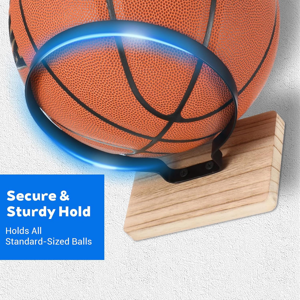 Skiennix Wall Mount Ball Holder - Wooden Base Sports Display Rack for Basketball, Football, Soccer, Volleyball