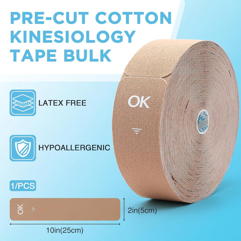 OK TAPE Kinesiology Tape - Pre-Cut Strips (100 PCS) | Hypoallergenic, Waterproof Athletic Tape 2in x 10in