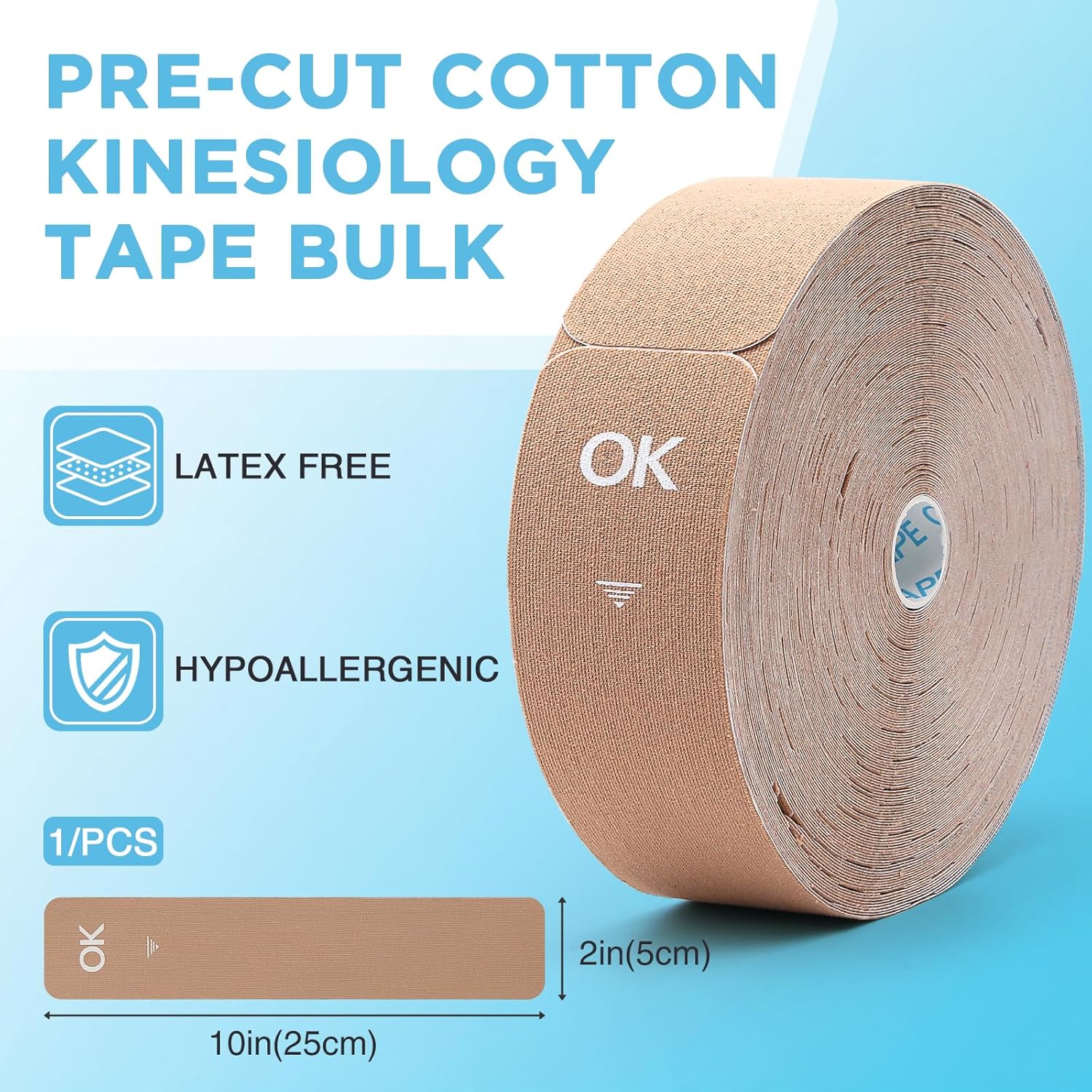 OK TAPE Kinesiology Tape - Pre-Cut Strips (100 PCS) | Hypoallergenic, Waterproof Athletic Tape 2in x 10in
