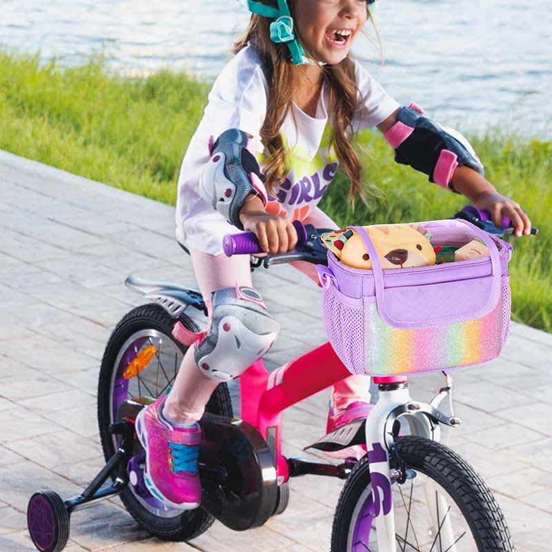 Kids Bike Basket Front Bag Purple - Water-Resistant 420D Nylon, Quick-Install