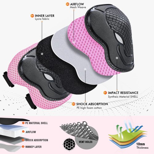 GTSBROS Knee Pads for Kids Knee Pads and Elbow Pads 6 in 1 Protective Gear Set with Wrist Guard for Boys Girls Skateboarding Inline Roller Skating Cycling Scooter(Pink)