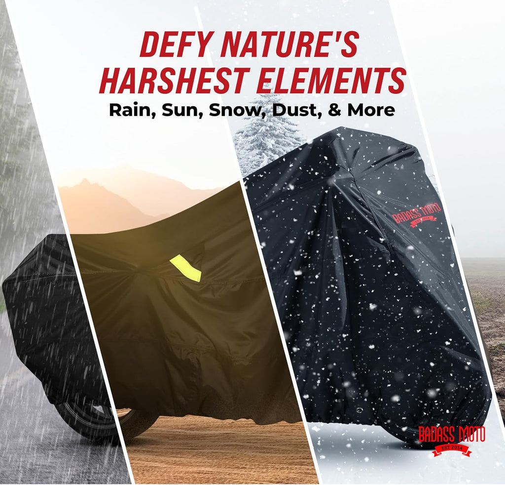 Badass Moto Motorcycle Cover - Waterproof & Heavy Duty All-Season Protection | Fits Harley Davidson & Cruiser Bikes, Large 97L