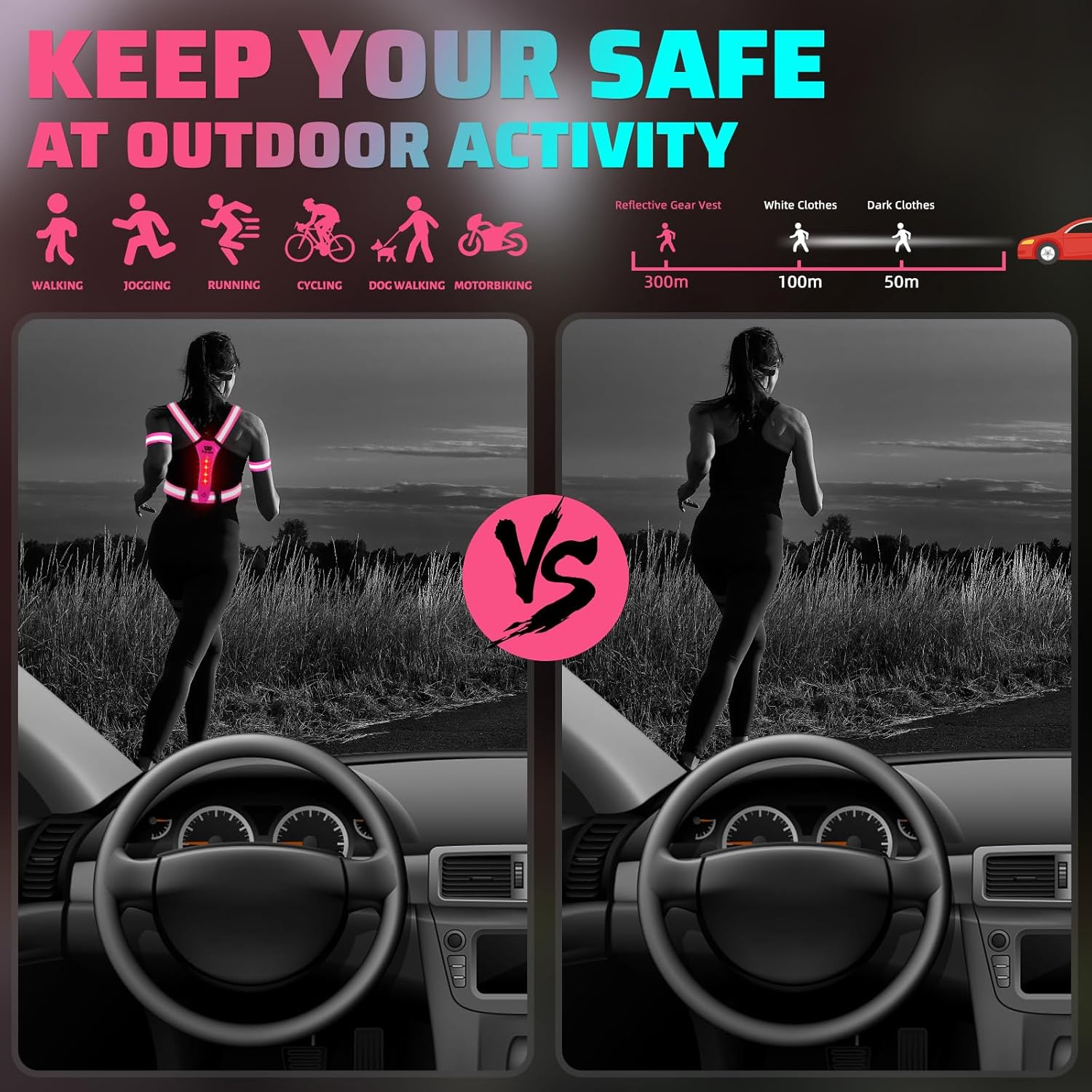 West Biking Reflective Running Vest - Rechargeable Light-Up Gear for Night Walkers & Runners