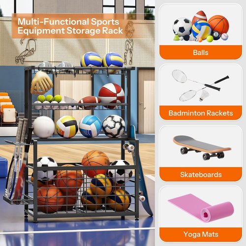 HOOBRO Ball Storage Rack - Heavy Duty Garage Organizer with Hooks & Basket | Black, Ideal for Outdoor & Basement