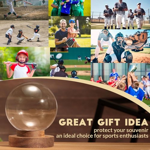 JupDec Baseball Display Case - Round Clear Ball Holder with Wooden Base | Acacia Wood, Brown