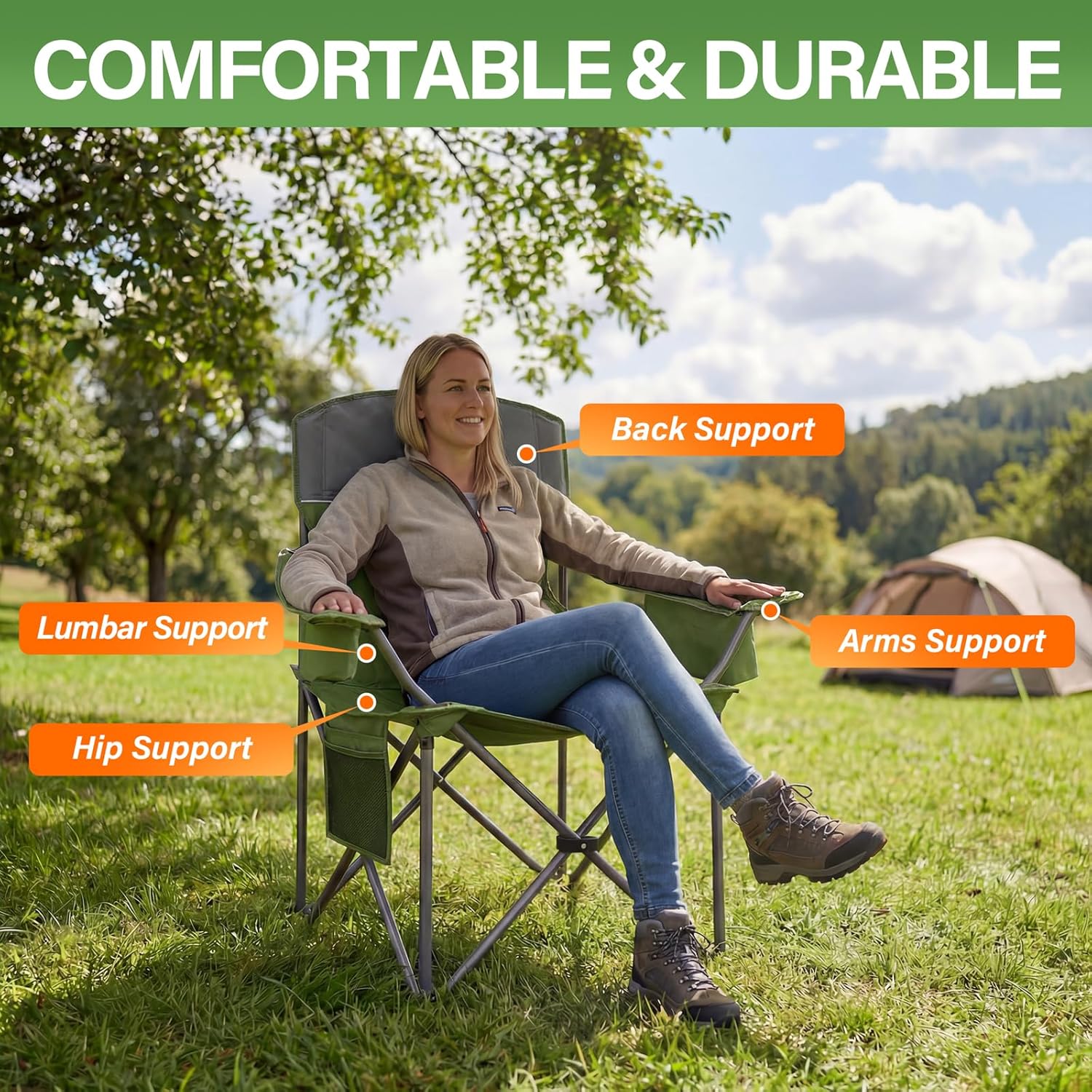 Skiennix Oversized Camping Chairs - Heavy Duty 400LBS Padded Lawn Chair with Cooler Bag & Cup Holder | Olive Green