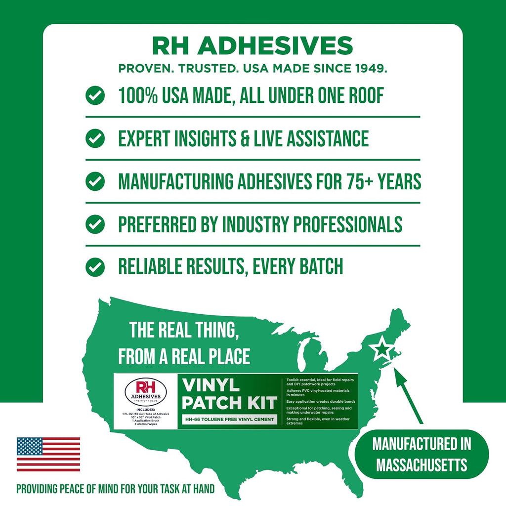 RH Adhesives Vinyl Patch Kit - 10" x 10" Reinforced Flexible PVC with HH-66 TF Vinyl Cement & Brush | Black