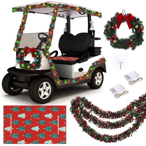 Suncalla 6 Pcs Christmas Golf Cart Decorations Christmas Golf Cart Seat Covers with Tinsel Garland, Xmas Wreath and LED Lights for Xmas Decorations Holiday Parade(Green,Classic)