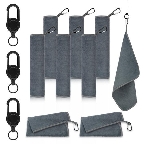 mayoken® 9 Pack Gray Fishing Towels with Clips & Zinger Retractors, Quick-Dry Absorbent Microfiber Bait Towels for Fishing, Boating, Kayaking, Camping & Hiking