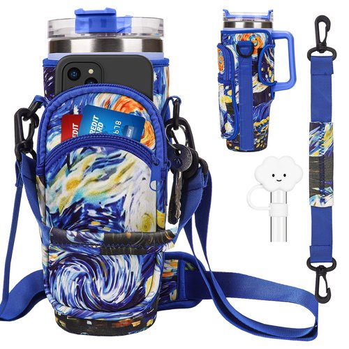 Water Bottle Holder Carrier Bag with Large Phone Pocket,Neoprene Water Bottle Carrier with Strap for Stanley 40 OZ Tumbler, Wrap Around Drink Purse Cup Holder with Straw Cover Accessories
