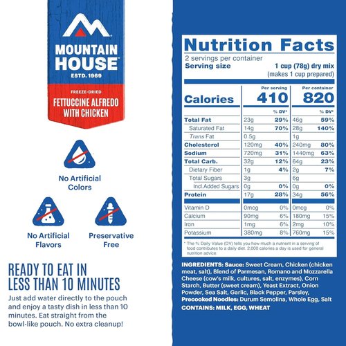 Mountain House Fettuccine Alfredo with Chicken - Freeze-Dried Camping Meal | 2 Servings, 30-Year Shelf Life, 2-Pack
