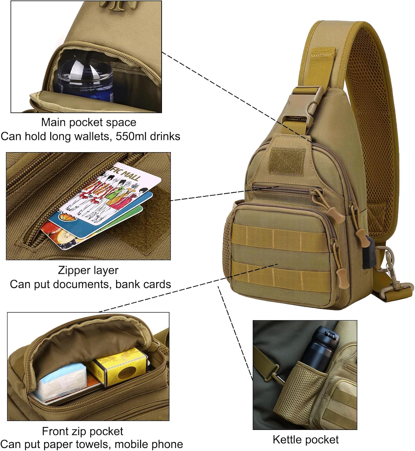 ZHIERNA Tactical Crossbody Bag - Versatile EDC Shoulder Sling with Water Bottle Holder & USB Charging Port | Black