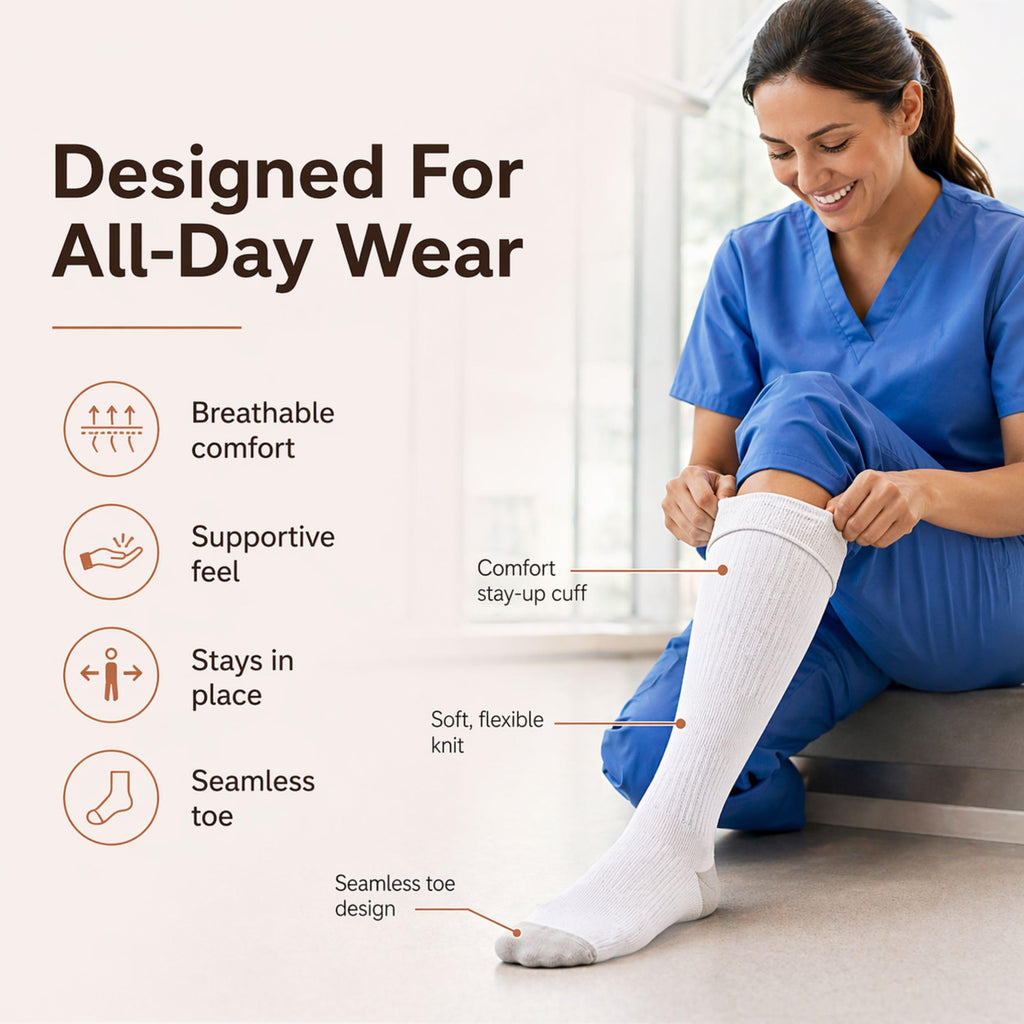CopperJoint Knee High Compression Socks for Women and Men, Graduated Long Compression Socks for All-Day Standing, Sports & Travel, 15-20 mmHg Leg Support for Daily Wear - 1 Pair, White, Large