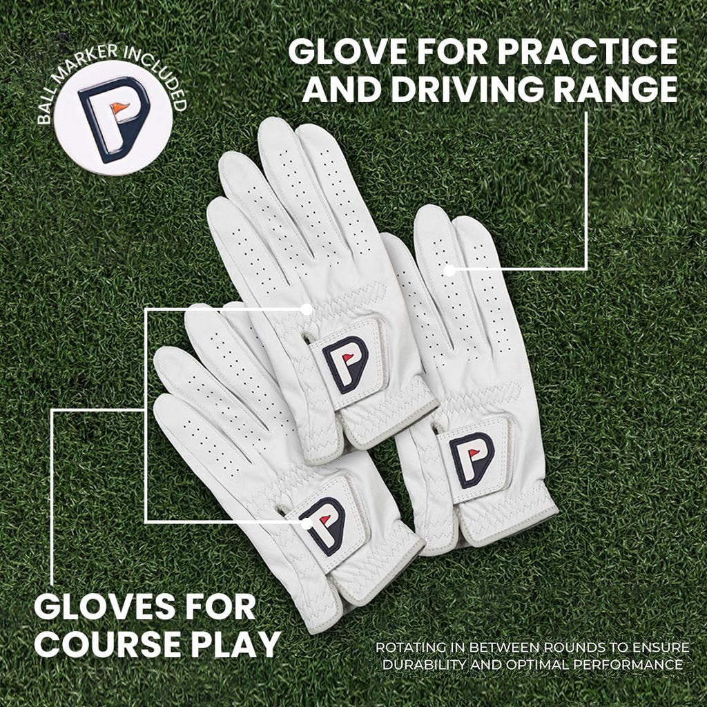 PUR3 Cabretta Leather Golf Gloves - Ultra Soft Genuine Leather | Left & Right Hand | Multi-Pack with Ball Marker