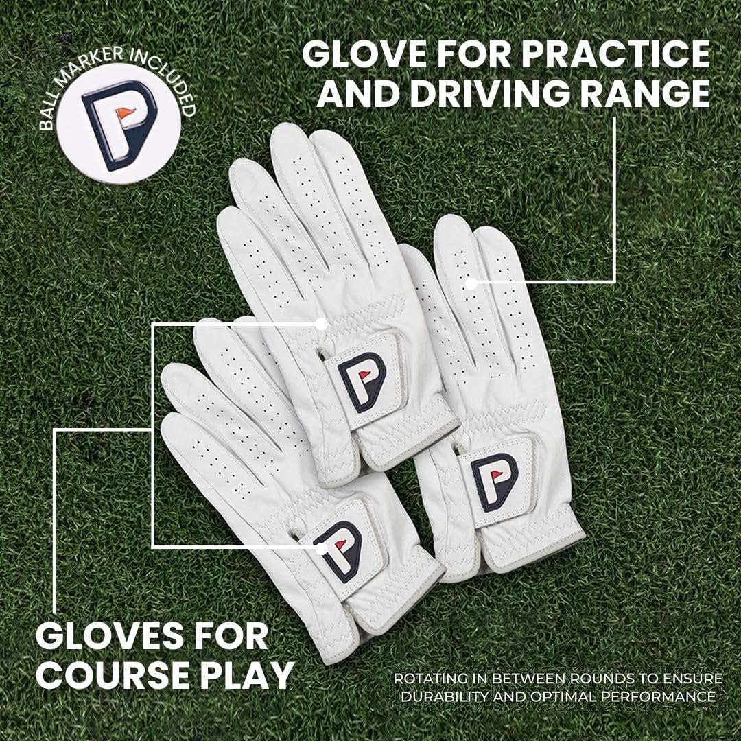 PUR3 Cabretta Leather Golf Gloves - Ultra Soft Genuine Leather | Left & Right Hand | Multi-Pack with Ball Marker