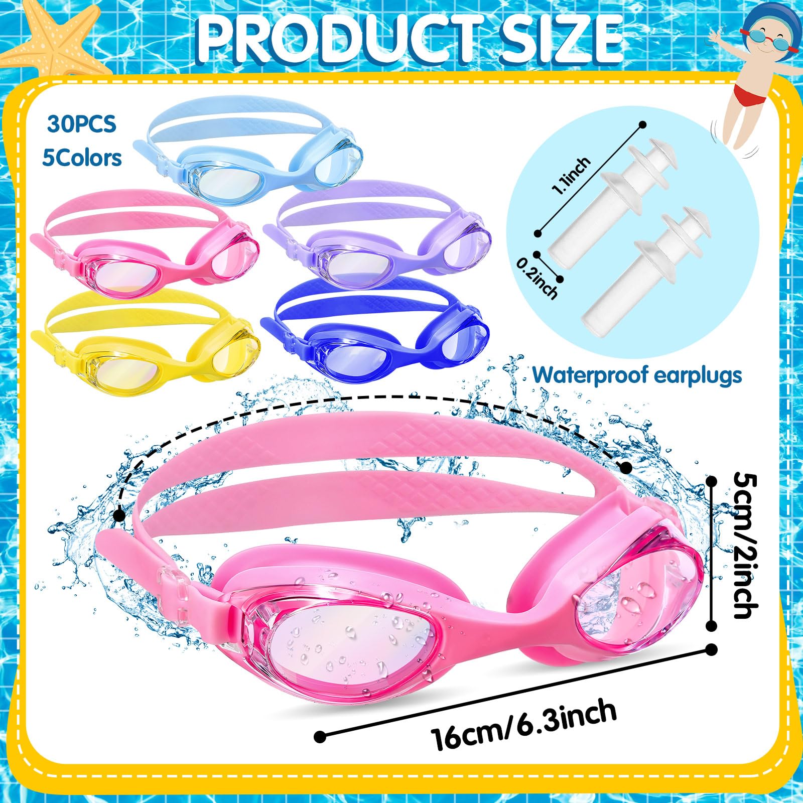 Macarrie 30 Pcs Kids Swim Goggles Bulk Child Swimming Goggles Gifts for Boys Girls Toddler Pool Surfing Diving(Blue, Pink, Purple, Light Blue, Yellow,Fashion)