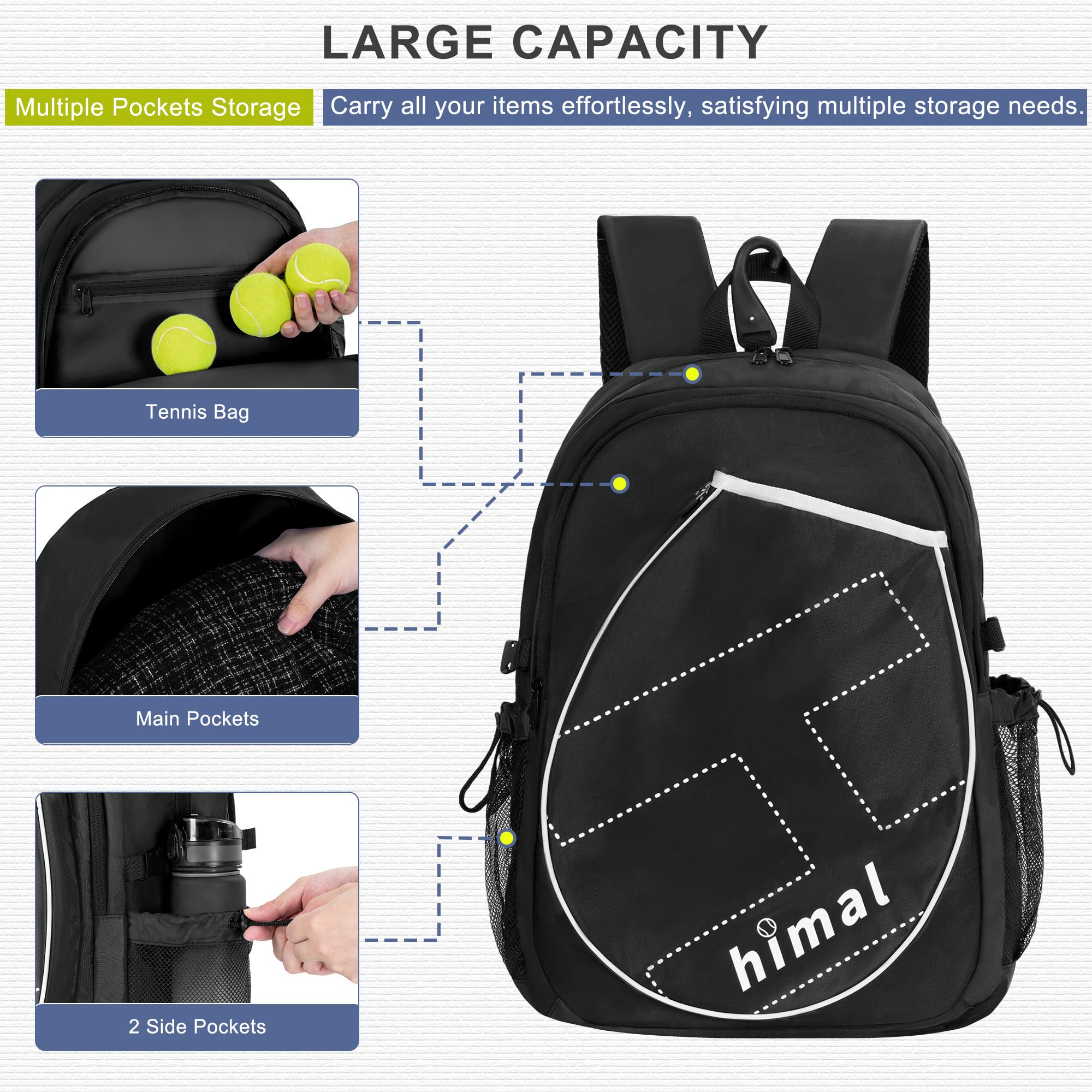UNIHIMAL Tennis Bag Tennis Backpack for Men Women, Large Capacity Holds 2 Rackets with Ventilated Shoe Compartment and Insulated Pocket