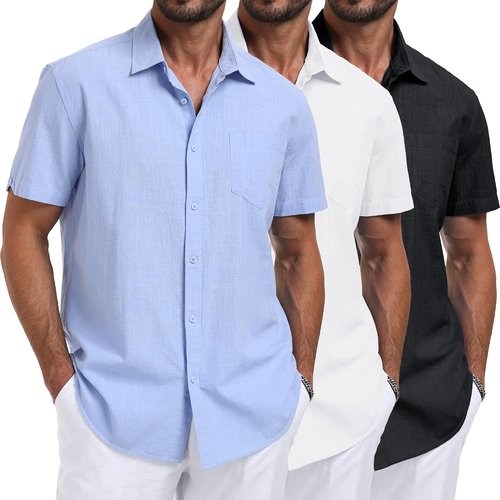 MLYENX Men's Linen Shirts - Casual Short Sleeve Button Down Tops for Summer Beach | 3 Pack with Pocket