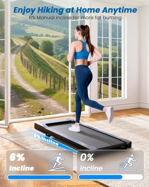 DeerRun Under Desk Treadmill - 6% Manual Incline, 0.6-3.8 MPH, 300 lb Capacity | App & Remote Control for Home Office
