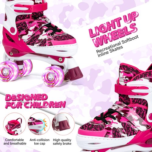 Kuxuan Skates Boys and Girls Camo Adjustable Roller Skates with Light up Wheels, Fun Illuminating Rollerskate for Kids Girls Youth
