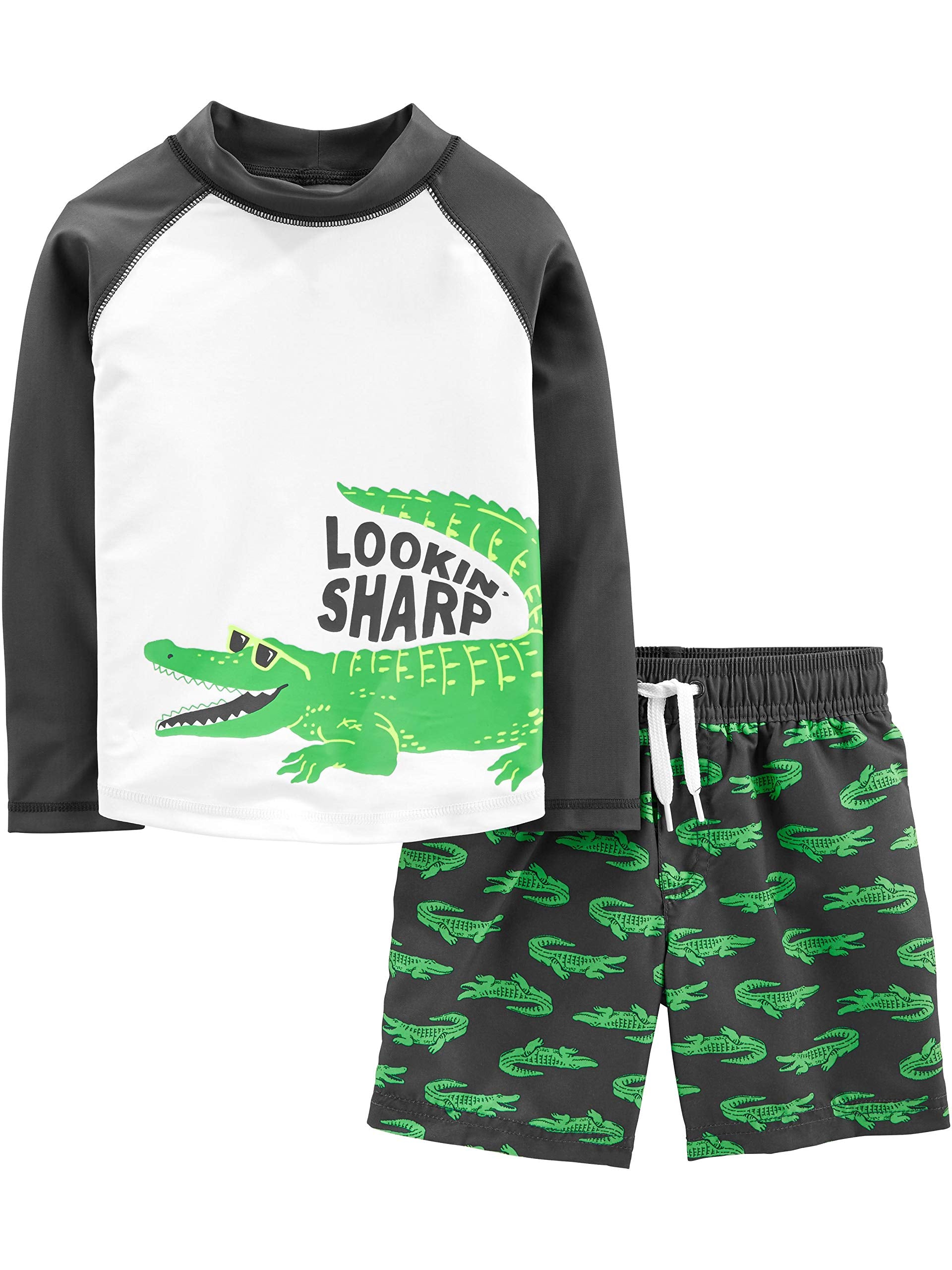 Simple Joys by Carter's Toddler Boy's 2-Piece Swimsuit Trunk and Rashguard Swimwear, green alligator, 5T